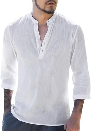 Runcati Camicia da uomo in lino, maniche a 3/4, vestibilità normale, per il tempo libero, casual, estiva, spiaggia, lino, bianco, M