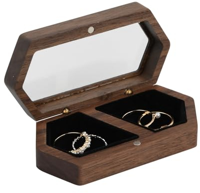 Shengxi Walnuss Holz Ring Box, Doppelschlitz Ringbox hochzeit, Klein Schmuckbox Verlobungsringkasten, Schmuckaufbewahrung Display Box für Hochzeitstag, Weihnachten und Valentinstag, Braun