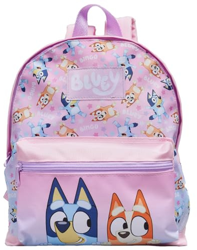 Bluey & Bingo Stars Sac à dos d'école pour enfants avec poche avant pour enfants filles Sac à dos maternelle Rose