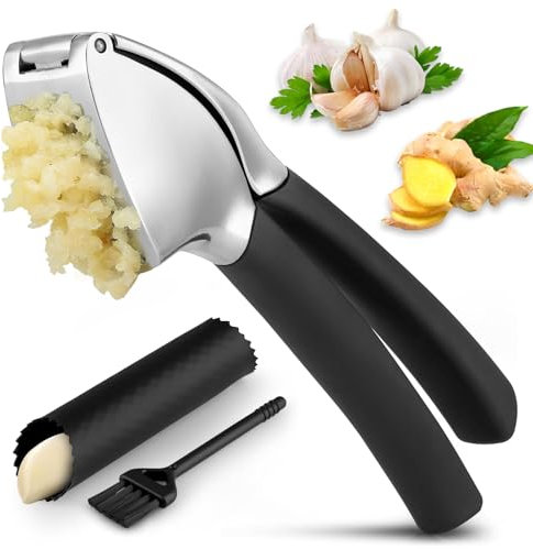 3-teiliges Knoblauchpresse Set Garlic Press aus Edelstahl Knoblauchpresser mit Knoblauchschäler und Reinigungsbürste garlic cutter knoblauchpresse spülmaschinenfest