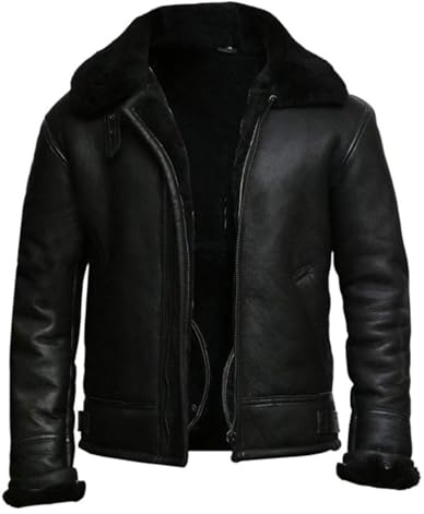 EDGESTYLE Men's B3 Bomber Aviator Sheepskin Leather Jacket – Real Shearling Lined Winter Pilot Coat (US, Alpha, Large, Regular, Regular, Black)