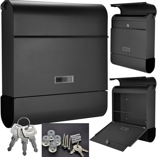 ALSTEN TECH Modernes Design Briefkasten Schwarz mit Zeitungsfach RAL9017 | Matt Wandbriefkasten Postkasten C4 Format, abschließbar 3 Schlüssel Namensschild