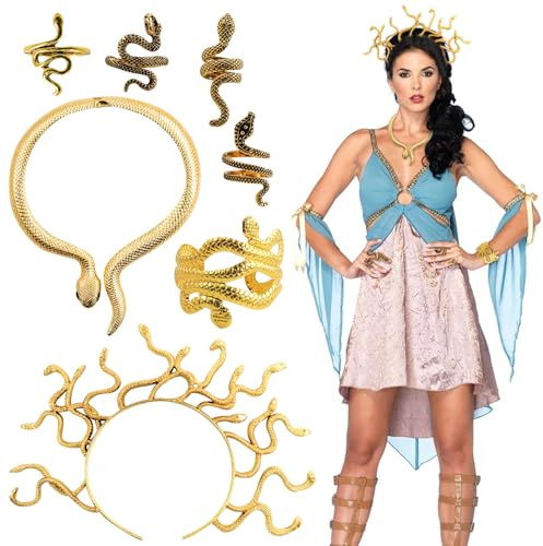 Henjunu Medusa Kostüm Zubehör Set,Medusa Schlangen Kopfschmuck+Schlange Choker Halskette+Schlangenring+Schlangenarmband,Schlangen Schmuck, Karnevals- und Halloween-Accessoires