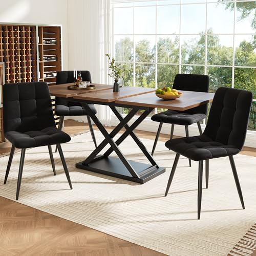 KAZZIO Essgruppe (5-TLG), Ausziehbares Esstischset für 4 Personen,160×80×75cm Esstisch mit 4 Esszimmerstühlen,Esstischstühle aus schwarzem Samt,Nussbaumfarbener Esstisch (Nussbaumfarbener)