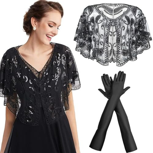 2 Stück 1920er Jahre Retro Schal Umschlagtücher Mit Gloves,1920s Stola Schal Damen Pailletten Umschlagtücher Satin Classic Abendhandschuhe Für Abschlussball Party Hochzeit (A)