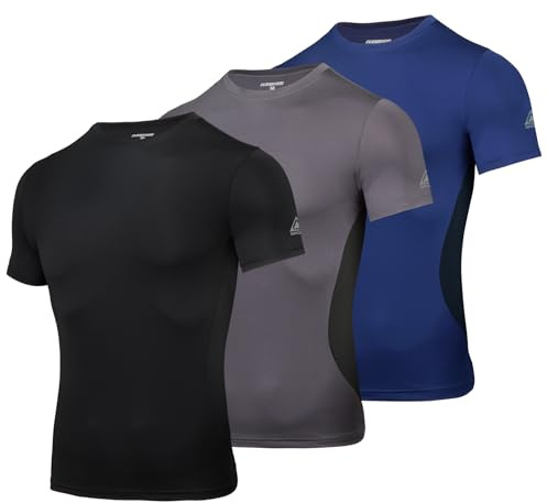 AMZSPORT Camiseta de Compresión para Hombre, Manga Corta, Funcional, Cool Dry, para Entrenamiento y Running, Negro-Gris-Azul, S
