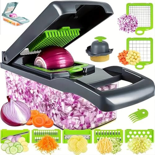 Vegetable Chopper a Multifunctional Vegetable Cutter and Slicer a 14-in-1 Kitchen Tool with Interchangable Blades, Container and Hand Guard