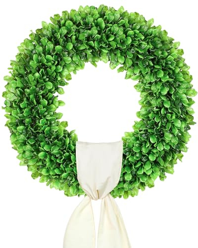 DDHS 24'' Boxwood Wreaths Front Door Artificial Spring Wreath. Wreaths for Front Door Farmhouse Wedding Year Round Indoor Outdoor for Summer Wreath sash St Patrick's Day Decor (Hello Sign)