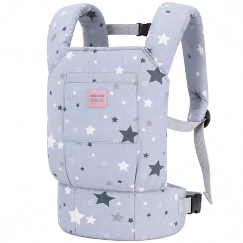 Bebamour Baby Doll Carrier for Kids, Adjustable Doll Carrier Backpack for Dolls up to 20 Inches, Soft Pretend Play Doll Accessories for Front & Back Carry, Fits Dolls & Stuffed Toys, Grey Star