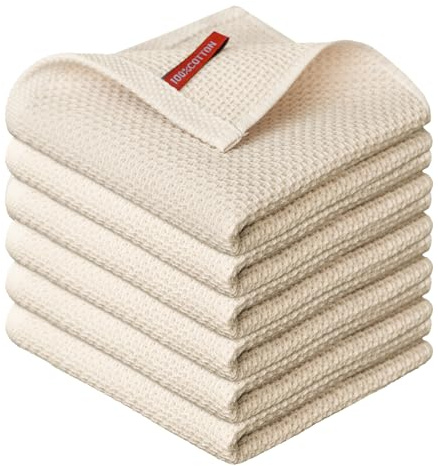Artoid Mode Waffel Beige 100% Baumwolle Weiche Küchentücher Geschirrtücher, 6er Set 30x30 cm Waschbar Saugfähig Spüllappen Reinigung Küchen