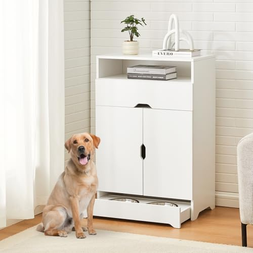 TUKAILAi Pet Feeder Station with Raised Dog Bowl, Wooden Dog Food Storage Cabinet Container with Drawer, Side Table with Elevated Pet Feeding Bowl for Food and Water White