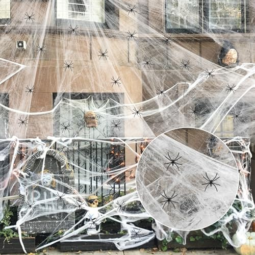 Halloween Deko Spinnennetz, 200g Weiß Outdoor Spinnweben Dekoration Mit 55 Horror Schwarz Spinnen,Groß Spiderweb gruselig Decoration für Outdoor Garten Tür Fenster Kamin Häuser Innen Horror Party