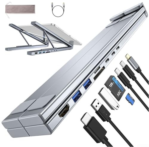 Supporto per laptop USB-C 8 in 1, docking station portatile regolabile per tablet, con slot per schede SD/TF 4K 2 USB-A 3.0 2 USB-C PD 3.0 100 W