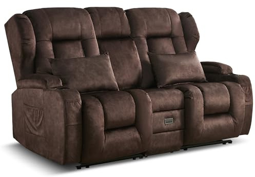 LIFTSHA Zweisitzer Sofa mit Schlaffunktion, Fernsehsessel Relaxsessel mit Liegefunktion, Heimkino Sitze mit Konsole, Getränkehalter, Schublade, Buchse, Braun