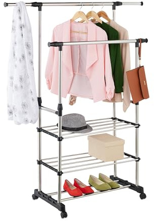 Relaxdays Kleiderständer, rollbar, verstellbar, Doppelstange & Ablagen, 86–147 cm Höhe, 84–141 cm Breite, Silber/schwarz