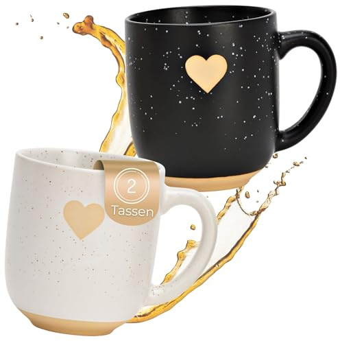 Kaffeetassen 2er Set in Schwarz & Weiß mit Herz - Steingut-Tassen im Landhausstil 300 ml