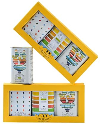 Frantoio Muraglia - Set Regalo Lattine Colorate con Olio Extra Vergine di oliva - 3 Articoli Arcobaleno, Pois, Fico d'India - Essenze Fruttato Intenso e Fruttato Medio