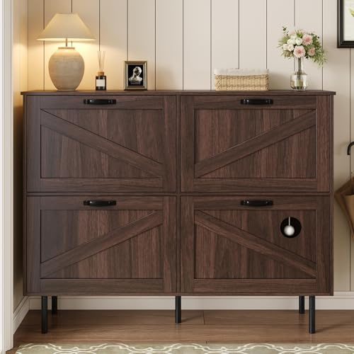 LARFOEK Zapatero con 3 solapas, zapatero estrecho con estante, zapatero con 4 puertas, mueble de entrada para pasillo, entrada, dormitorio, 120 x 28 x 92 cm, madera de nogal natural