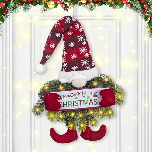 Hekasvm Weihnachtskranz mit LED Lichterkranz Weihnachtstürkranz mit Beleuchtung Weihnachtsdeko Outdoor Türkranz Haustür Swedish Tomte Wichtel Weihnachtsdeko für Haustür Fenster Porch (C)