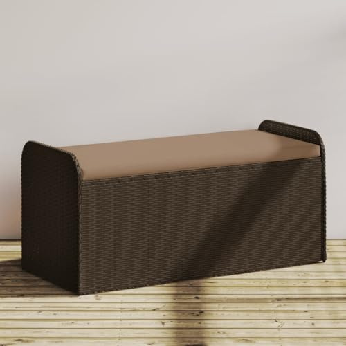 Bucmath Sitzbank mit Stauraum & Kissen Braun, 115x51x52 cm, Poly Rattan Gartenbank, wasserdicht, für Terrasse & Balkon, UV-beständig