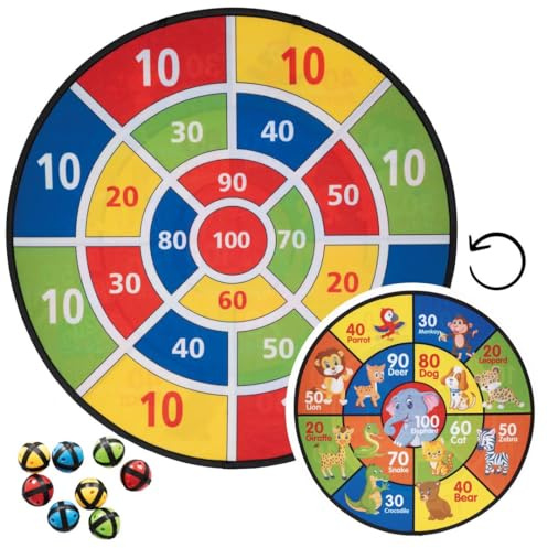P’TIT Clown - 24536 - Jeu de Cible Enfant Scratch - Cible Réversible Animaux & Scores - 8 Balles + 1 Ventouse - Jeu d’Adresse et de Lancer - Extérieur - Ø 60 cm