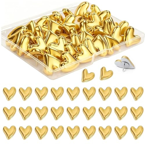 30 Stück Herzförmige Reißzwecken, Gold Herzen Pinnadeln, 3D Herzförmige Reißzwecken Herz, Dekorativ Reißnägel, für Korktafeln Büro Zuhause Karten Kalender(Mit Transparenter Aufbewahrungsbox)