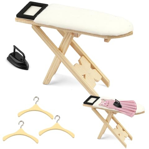 Wichtel Accesorios de madera, juego de plancha en miniatura con mini plancha, tabla de planchar y 3 perchas de madera, accesorios para casa de muñecas 1:12 para decoración, juegos de rol, proyectos de