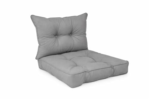 POKAR Lot de 2 Coussins de Jardin 1x Assise 60x60x10 cm + 1x Dossier 60x40x10 cm | Imperméable et Déperlant | Set de Coussins pour Chaise, Fauteuil Rotin et Salon de Jardin | Made in EU | Gris