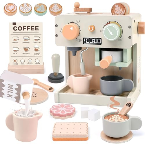 Masonbaby Cafetière en Bois Cuisine en Bois Enfant, Jouet Éducatif Éveil Montessori,Jeu de Rôle Jouet en Bois Cadeaux d'anniversaire,Noël pour Garçons Filles
