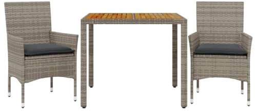 PUGYNBK Set di mobili da giardino in polyrattan grigio con cuscino, con tavolo d'acacia e tappezzeria per terrazza