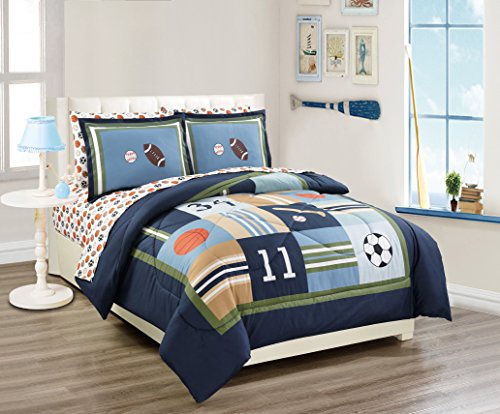 Fancy Linen Kids/Teens Comforter Set Sports Baseball Basketball Football Soccer White Black Orange Brown Navy Blue Green Light Blue New # Sport Navy (Twin Comforter)