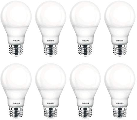 Philips LED 538322 LED Dimmable A19 Soft White Light Bulb with Warm Glow Effect: 800-Lumen, 2700-2200-Kelvin, 9.5-Watt, E26 Base, Frosted, 8-Pack