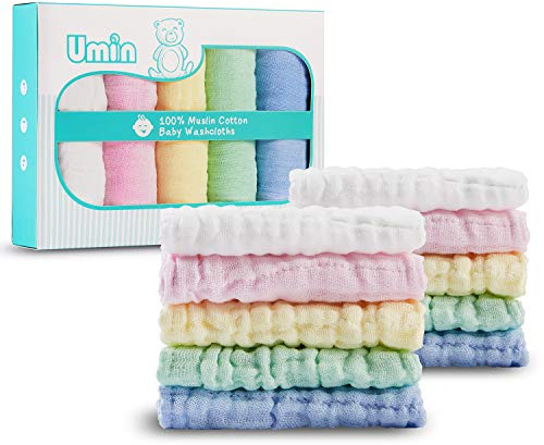 Umiin bambino panni lavare, Super morbido cotone naturale mussola, bagno del bambino Serviette, Regali per neonati perfetti, 30 x 30 cm (Multicolore-10 pezzi)