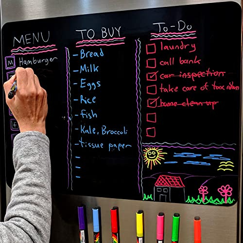 Premium Magnetic Wet/Dry-Erase Blackboard for Refrigerator (Fridge Chalkboard) - 17.5x13.5 Large Size Black Organizer (Stain Free) | 8 Liquid Neon Chalk Markers | Grocery/to-Do Lists Board