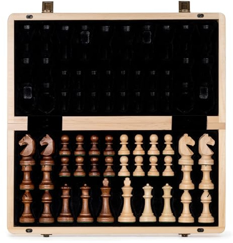 A&A 15 Inch Wooden Chess & Checkers Set/Folding Board / 3 Inch King Height German Knight Staunton Chess Figures/Beech Box with Beech & Walnut Inlay / 2 Extra Queen/Classic 2 in 1 Board Games