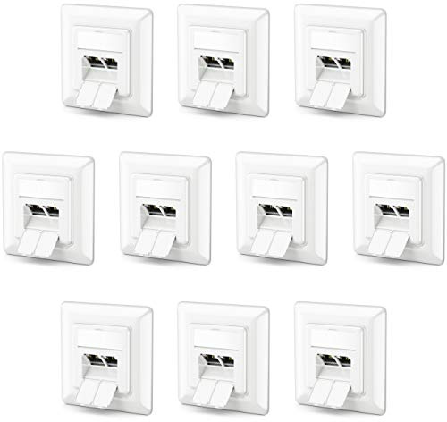 deleyCON 10x CAT6a Network Socket 2x RJ45 Sockets Shielded Flush-Mounted Installation 10 Gbit Ethernet Network LAN Socket Patch Network Installation Cable White