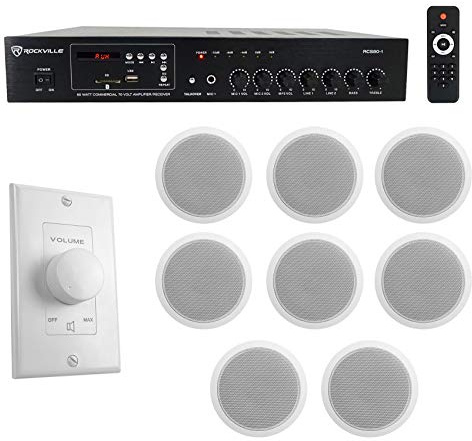 Rockville Commercial Audio Bundle: RCS80-1 60W 70V Bluetooth Amplifier, (8) CCL6T White 6 Ceiling Speakers, VOL70100 100W Wall Volume Control, 10-Items