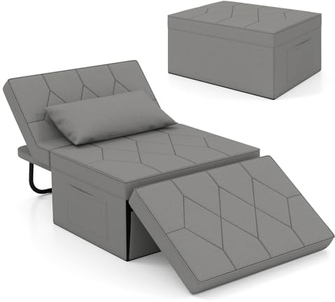 COSTWAY 4-in-1 Convertible Sofa Bed, Single Sofa Chair Sleeper Folding Ottoman with Adjustable Backrest, Retractable Legs and Pillow, Modern Tufted Lounge Couch Guest Bed (Linen Fabric, Grey)