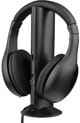 Btuty Auriculares Inalámbricos 5 en 1: Emisor y Receptor FM Hi-Fi, Set para Radio, Ordenador, TV, Monitor - Con Micrófono, Opción Cableada