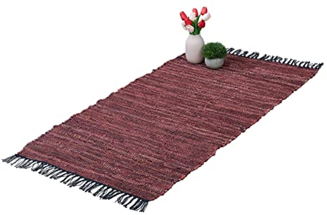 Relaxdays Flickenteppich, 70 x 140 cm, Baumwolle & Leder, Teppichläufer mit Fransen, rutschfest, Fleckerlteppich, rot