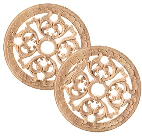 Dtoterul Holzornamente für Möbel 2 Stück Holzschnitzerei Onlay Applikation Runden Chnitzerei Ornament Schrank Möbel Holz Ornamente Wand Ecke Deko Verzierung Geschnitzt Aufkleber für Wohnmöbel, 14 cm