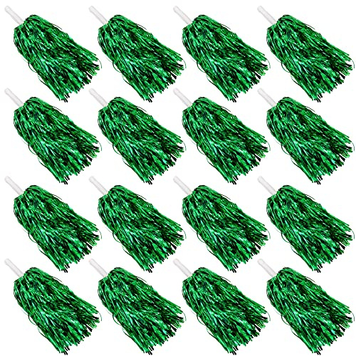 16PCS Cheerleading Pom Poms Metallic Foil Plastic Pom Poms with Baton Handle for Game Sports Squads Dancing Party Football Basketball Club Spirit Sports Stage Performance Celebration (Green)