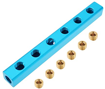 Create idea Manifold Block Splitter 1/4 Inch BSP Thread 6 Ways 9 Ports Compressed Air Distributor Air Hose Splitter Coupler with 1/4 Inch Brass Plug for Air Pumps Cylinders