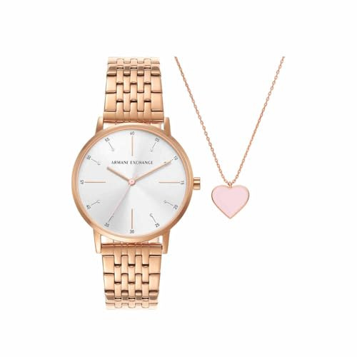 Armani Exchange Orologio a tre lancette al quarzo Donna, cassa in acciaio inossidabile oro rosa 36 mm con bracciale in acciaio inossidabile, AX7145SET, Set oro rosa e bianco