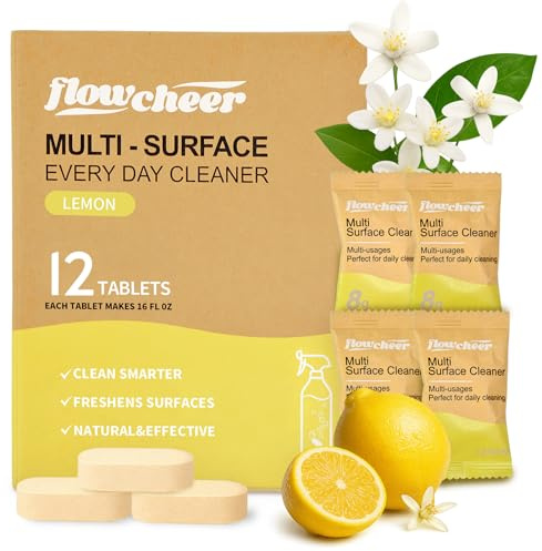 Flowcheer All Purpose Cleaner Koncentrat Påfyllning Citron, Fleröverfläckig Rengöring Påfyllning, Inga Giftiga Rengöringstabletter (12-pack) - Gör 780 ml (12x591 ml) Flaskor av Sprayrengöring för