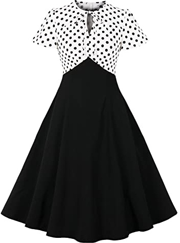 Wellwits Women's Keyhole Tie Polka Dots Top 1950s Vintage Dress