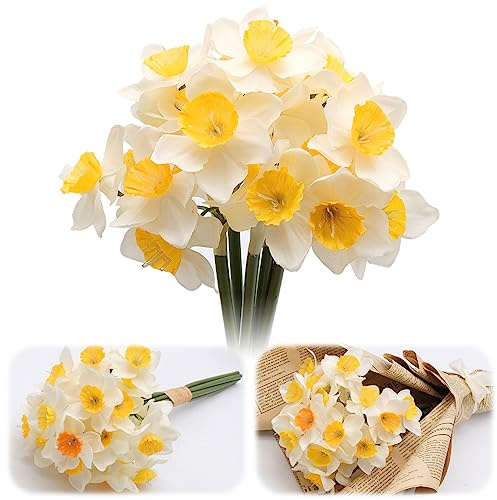 Bakiauli 6 Stück Kunstblumen Deko Narzissen, Kunstblumen wie Echt Deko Blumen für Balkon Garten Zuhause Vase Blumenkasten