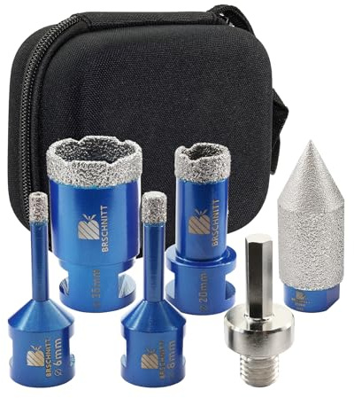 BRSCHNITT Tile Hole Saw Kit - Diamond Core Drill Bit Set 6/8/20/35mm & Chamfer Finger Milling Bit 0-20mm for Porcelain, Ceramic, Marble, Granite & Adapter