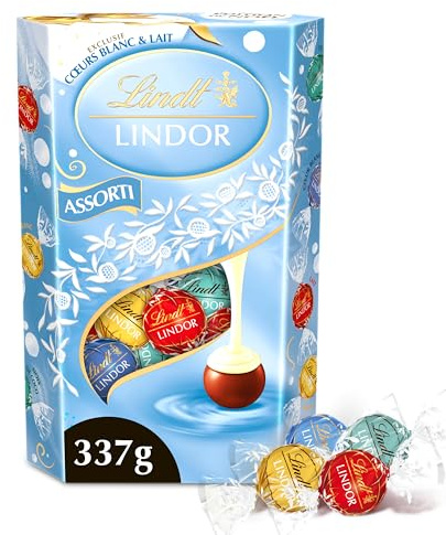 Lindt - Cornet LINDOR - Assortiment de Chocolats au Lait, Blancs, Cœur Blanc et Noix de Coco - Cœur Fondant - Idéal pour Noël, 337g