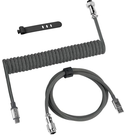 ATTACK SHARK C01 PRO USB C Spiral Tastaturkabel, Geflochtenes Coiled Kabel für Gaming Tastatur, Typ C auf USB A mit Abnehmbarem Luftfahrtstecker für Mechanische Tastatur/PC/Smartphone, Grau